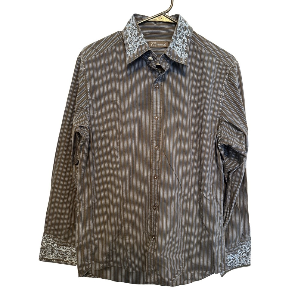 7 Diamonds Mens Brown Blue Striped Embroidered Button Down Shirt Size Medium